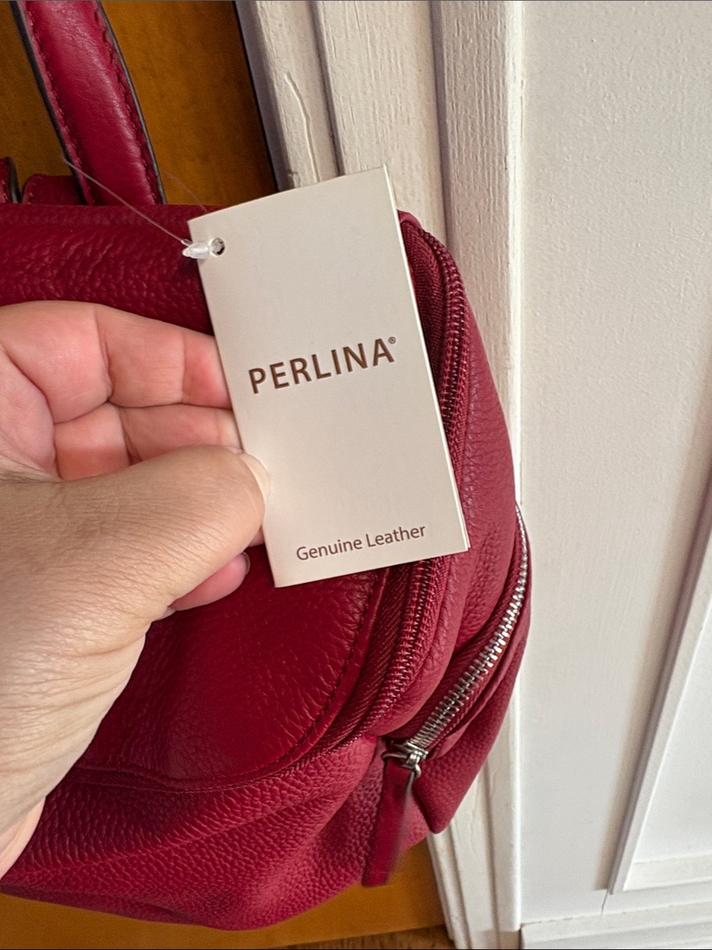 Perlina Pebbled Wine Red Leather Backpack - Picture 7 of 8